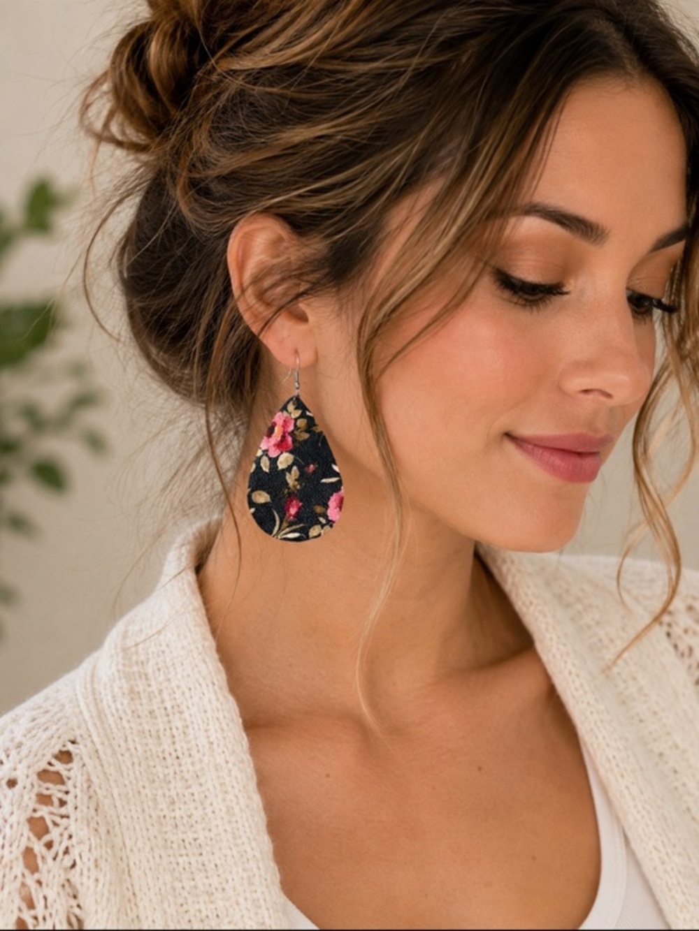 Black Floral Faux Leather Teardrop Dangle Earrings Boho Cottage core
